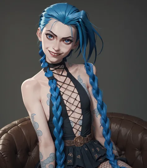 Lora: jinx, blue eyes     and blue hair       smirking       small breasts   beautiful net dress     , flat chest     