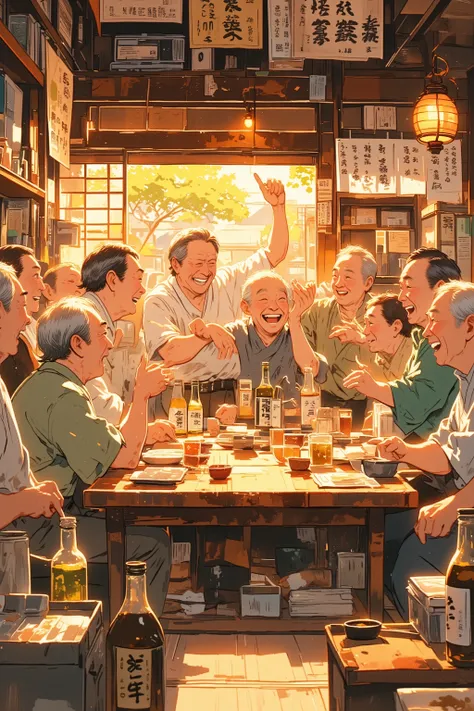 a group of elderly men with cheerful expressions, sitting together at a low table in a cozy traditional Japanese izakaya, laughing and gesturing animatedly while reminiscing about their youth, empty sake bottles and small dishes scattered around, warm lant...