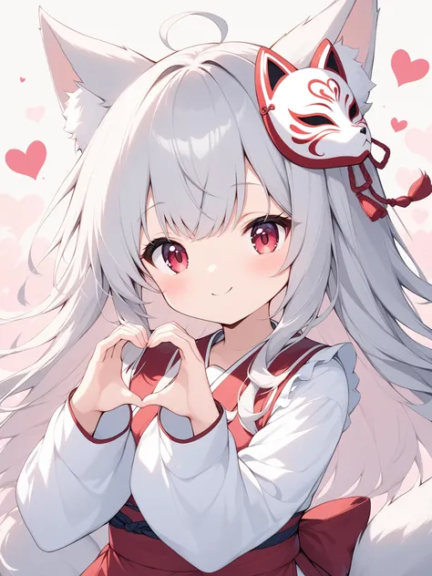 thin and soft painting style 、White fox girl 、 grey hair、 Smooth Long Hair 、 fox ears、 fluffy fox tail 、Ruby Eyes、squint、cute、heart hands、 Fox Mask on Head