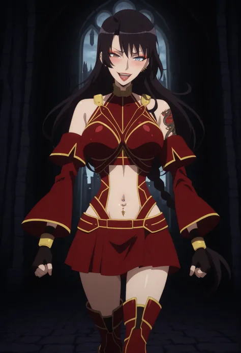 hephaestionlemcf,
very long hair,black hair,braid, red eyeshadow,dark blue eyes,grey eyes,heterochromia,lipstick,red armor,navel cutout,bare shoulders,red detached sleeves, black fingerless gloves, red short plated skirt, red boots, , ear piercing, long ha...