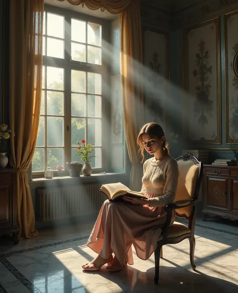 In a room with a window Beautiful, Sitting A girl reading a book, SL1, A girl dressed in a sweater and a beautiful skirt, on the table Beautiful stacks of papers folded, Room interior Beautiful and fashionable minimalism with beautiful tiles on the floor, ...