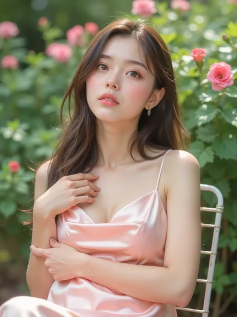 8k, Masterpiece, ultra Quality, Medium shot, eye-level, beautiful Japanese idol, upward gaze, shoulder-length brown hair, light pink sheer satin night dress, shine of clothes, Dress made of light texture, relaxed pose, hands on lap, lush green foliage, pin...
