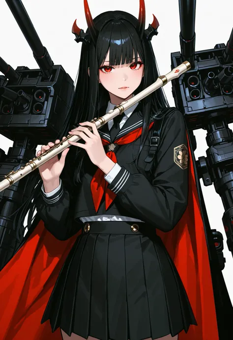 Japanese school uniform girl. Black hair. Long hair. Straight bangs. Black costume. Red eyes. One-sided cape. Plays a flute. One-sided horn. Missile launcher. Fusion with a mechanical monster.