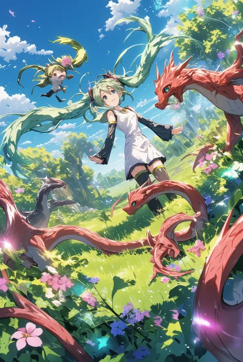 ( masterpiece、 Highest Quality、 Highest Quality、Official Art、 beautiful beautiful :1.2) Hatsune Miku、LIGHT GREEN TWIN TAILS, beautiful breasts, 1 girl,twin ponytail,pink hair,(PLAY WITH BABY DRAGONS),In magic meadow, PALETTE COLOR,Highest Quality,4K,mas...