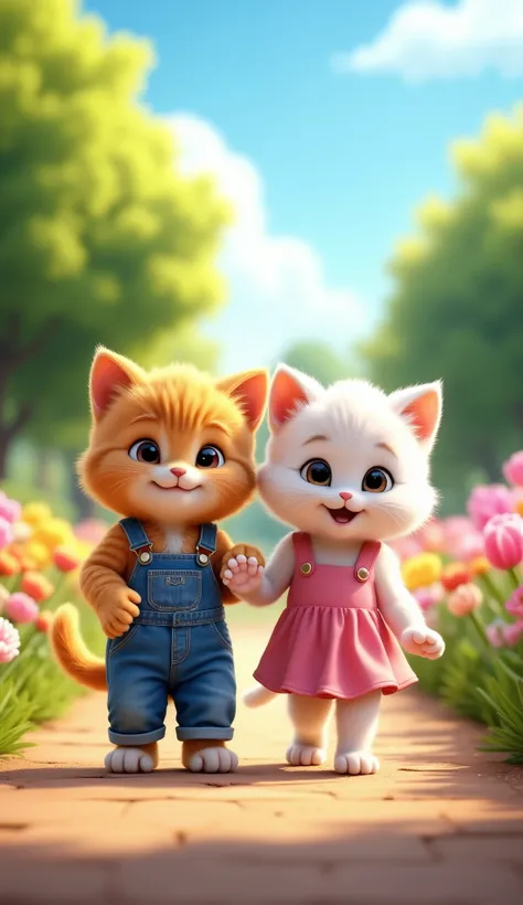 A joyful and heartwarming scene of two kittens walking side by side on a garden path surrounded by colorful flowers and lush green trees. The orange tabby kitten wears blue overalls, and the white kitten wears a pink dress. Both are smiling happily, holdin...