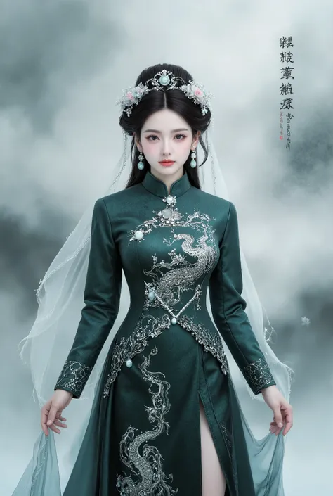 masterpiece, Best Quality, 1 Girl, wearing a gorgeous traditional Chinese wedding dress,high split hip wrap style, Dark green brocade fabric,with exquisite dragon and phoenix embroidery, Pearls and gemstones, with delicate knots on the high neck, flowing ...