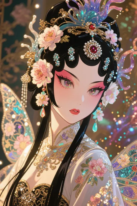 Dale Chihuly，Wlop，穆夏，Hsiao Ron Cheng,岩彩板绘，肌理磨砂，奢华，闪耀，William Morris,Josef Frank，image of 花旦 with earrings in flowers,in the style of realistic yet romantic, fairycore, anime-inspired character designs, baroque elegance, 32k uhd, exaggerated facial features ，国风光影,三维粒子，克里姆特，亮片，生物发光，发光粒子，James Turrell，Nick Veasey，超高清像素，纠结的表情，大幅度的夸张动作，专业灯光，强调轮廓线，黑色轮廓，