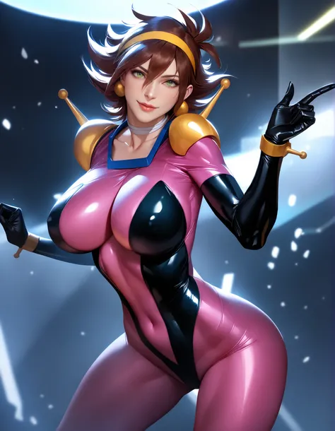 Rain Mikamura , Yellow Headband , perfect hand in h , perfect fingers , perfect anatomy , masterpiece , Highest Quality , realistic , hyperrealistic , 16K HDR , 1 girl , big breasts , erect nipples , brown hair , medium hair , green eyes , mobile tracing s...