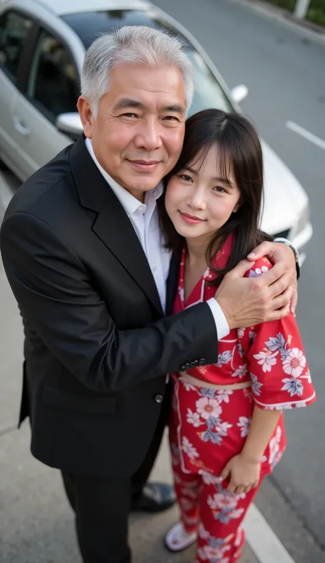 portrait of a beautiful southeast asian girl hugging an old man, the old man is wearing a black suit, black trousers, and office shoes. while the beautiful southeast asian girl is wearing a thin clothes kimono pijamas with wet hair, red floral pattern pija...
