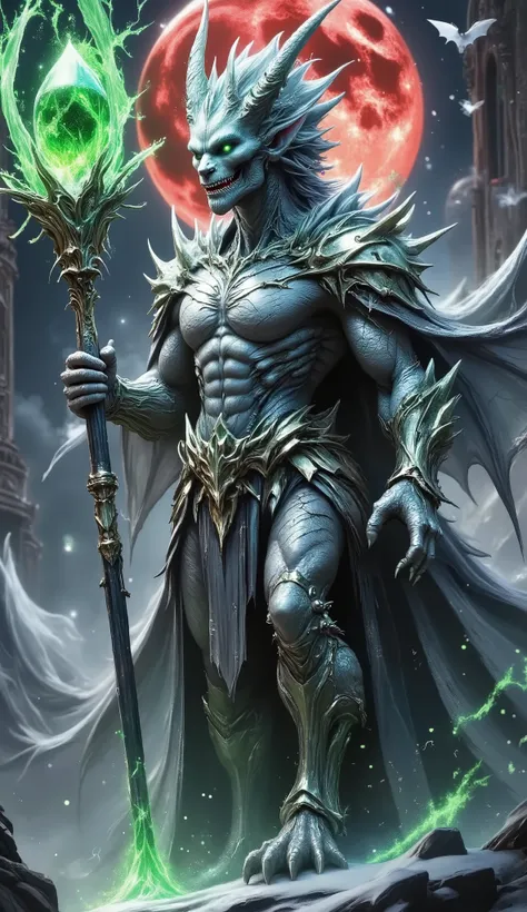 A pretty queen, necroman, riding unique mystical beasts, half of her face is a skull, divided into right and left sides, the right is a human face, the left is a skull, human eyes, the texture is a snake's eye, a pointed oval, emerald green, skull eyes, em...
