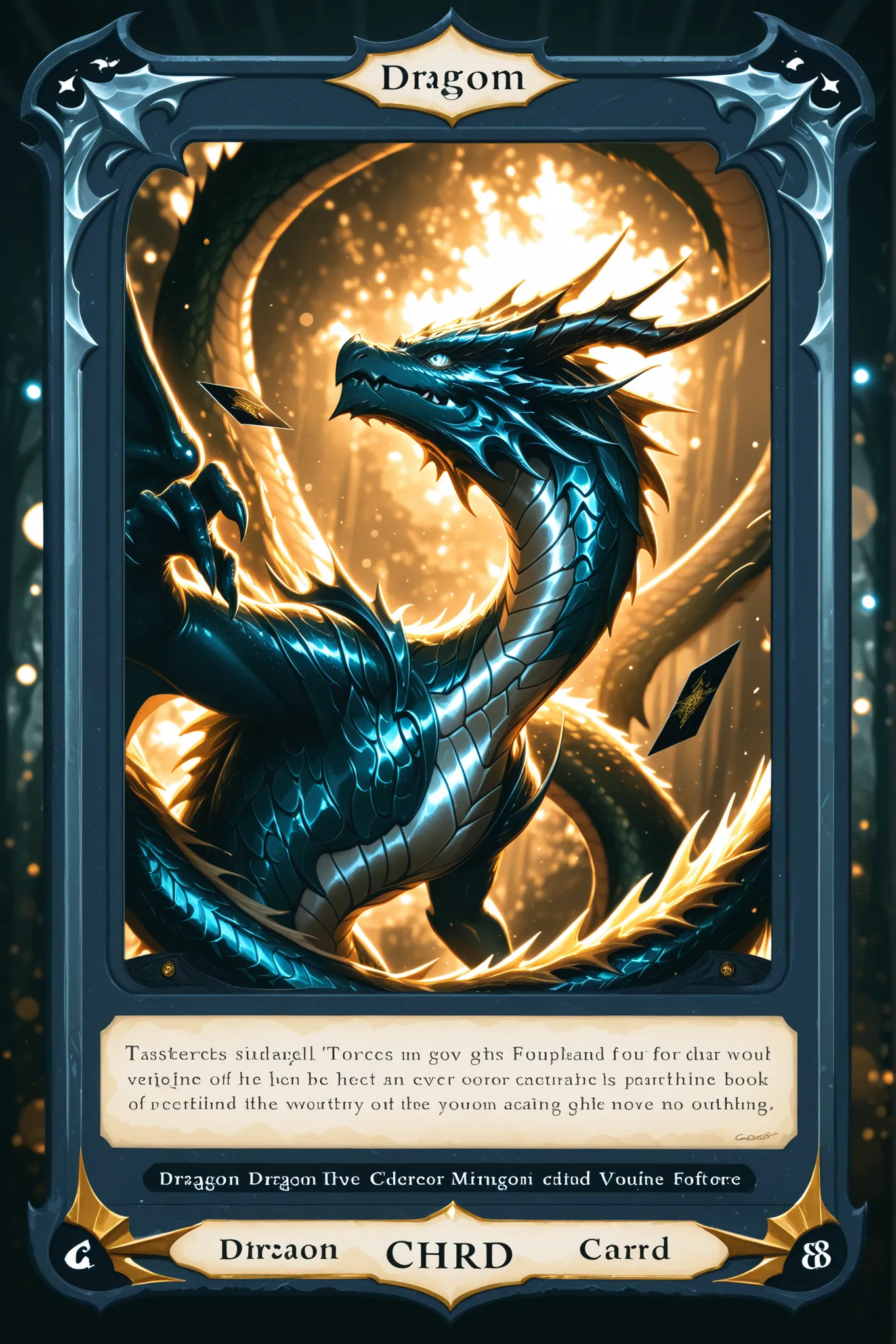 c4rd,english text,character name,trading card, handwritten illustration、Tasteful style of painting、攻撃forceと守備force, dragon, cool cards, Highest Quality, 4K, 8K, high resolution, masterpiece,  EXTREMELY DETAILED , realistic, photographic, HDR, UHD, Studio L...
