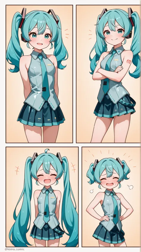 Hatsune Miku、 small 、V-shaped splits、shy face、scatro、blue skirt、Kinky comic style