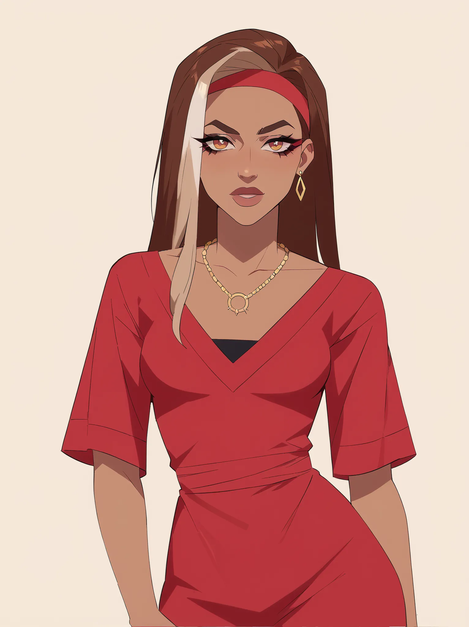 An elegant anime-style woman, with dark skin and visible vitiligo on the arms, face and leg. your hair is long, wavy and voluminous, blending dark brown with striking white highlights. She has big and expressive eyes with white makeup on the eyelashes, typ...