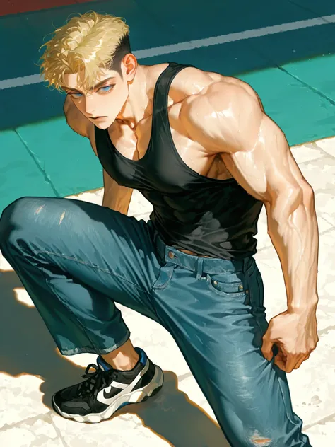 1 person,Blonde,handsome,adult male,34 year old ,184cm,handsome,Training ground ,Workout appearance,sharp eyes,Calm vibe ,alone,alone male,short hair,undercut hair,left Garma,mature, blue eyes ,bright skin,light muscle,very broad shoulders,Just open should...