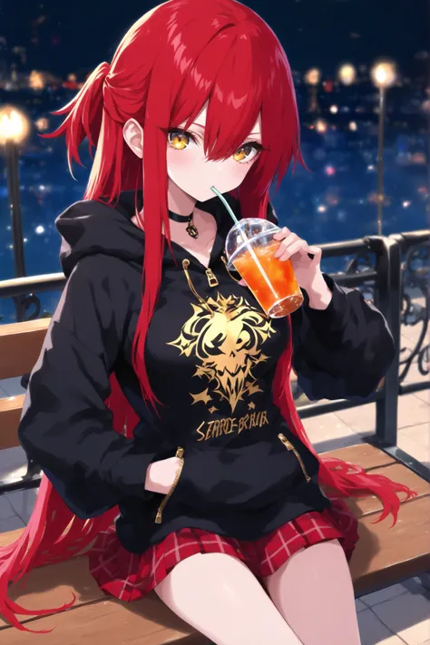 1 girl , golden eyes , very long hair , long sidelocks, red hair ,half updo, petite , very cute , beautiful ,Straight hair, cool, handsome, hair between eyes, sexy, medium breasts , drinking, print hoodie, black hoodie, hood down, black choker, zipper, lo...