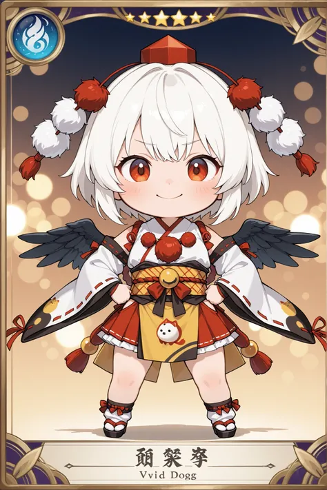 trading card, handwritten illustration, Tasteful style of painting, Attack power and defense power, Chibi Characters、cute tengu girl, Sky Dog Decoration, tengu costume , Tengu no Tsubasa, Tengu clogs, white hair red mesh, yellow porn, boyish, High Quality,...