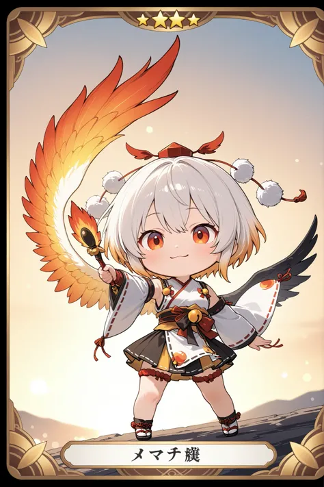 trading card, handwritten illustration, Tasteful style of painting, Attack power and defense power, Chibi Characters、cute tengu girl, Sky Dog Decoration, tengu costume , Tengu no Tsubasa, Tengu clogs, white hair red mesh, yellow porn, boyish, High Quality,...