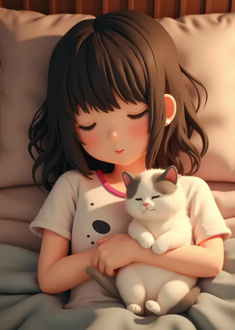 Japanese Girl、Semi-long hair with bangs、Girl and cat、Holding a Cat by Her Chest、girl lying in bed、（The girl is wearing a T-shirt with a picture of a cat on a white background）、（The Cat Is a Fluffy White and Gray Fluffy Cat）、The girl looks here、The cat is s...