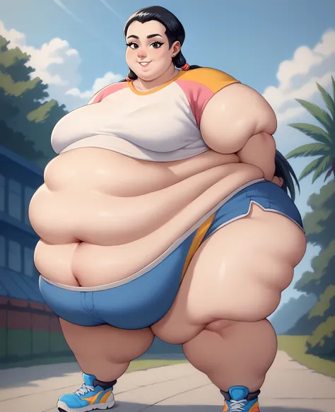 score_9, score_8_up, score_7_up, score_6_up,   BREAK NM_w_haylin, 1girl, black eyes, long hair, black hair,  twin tails, low twin tails, breasts, large breasts, navel, midriff, crop top, short shorts, looking at viewer, full body,  hands behind back, smile...