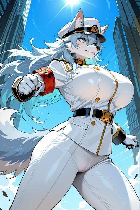Masterpiece, best quality, beautiful girl, wolf ears, furry skin, big breasts, white clothes, hat, military, dynamic pose,