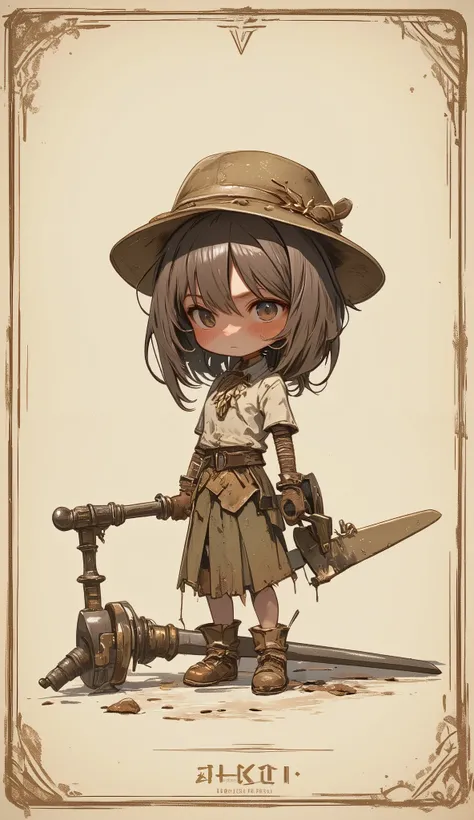 A game card, the weakest character, LV 1 character, a small character card, a shabby sword, shabby equipment, a single star, a plain colored card, and a girl who is depressed and lamenting after drawing the weakest character small character card.
