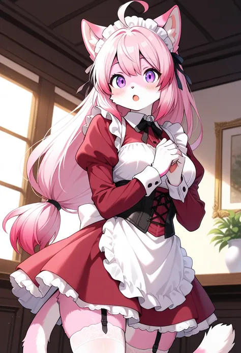 1girl, (furry, kemono:1.4), cat girl, animal nose, cat ears, cat tail, thighhighs, long_sleeves, juliet_sleeves, puffy_sleeves, white_legwear, maid, maid_headdress, garter_belt, dress, purple_eyes, garter_straps, open_mouth, ahoge, cowboy_shot, long_hair, standing, :o, looking_at_viewer, blush, hands_together, low-tied_long_hair, corset, red_dress, own_hands_together, apron, zettai_ryouiki, garters, masterpiece, best quality, very aesthetic, absurdres