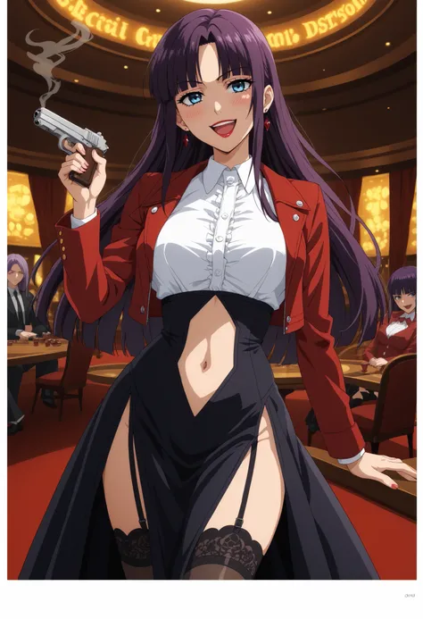 anime coloring, 1girl, uzumaki kushina, long hair, dark purple hair, hime cut, blue eyes,  , open mouth, smile, blush, lucifer \(umineko\), straight hair, red jacket, cropped jacket, white shirt, undershirt, collared shirt, frilled leotard, garter straps, ...