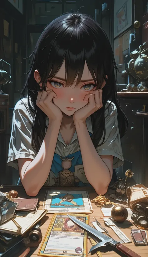 Game cards, I bought a 10-card pack but only got the weakest character card in the gacha, a weak character card, a shabby sword, shabby equipment, one star, a card with a flat color, a girl who is depressed and lamenting after drawing the weakest character...