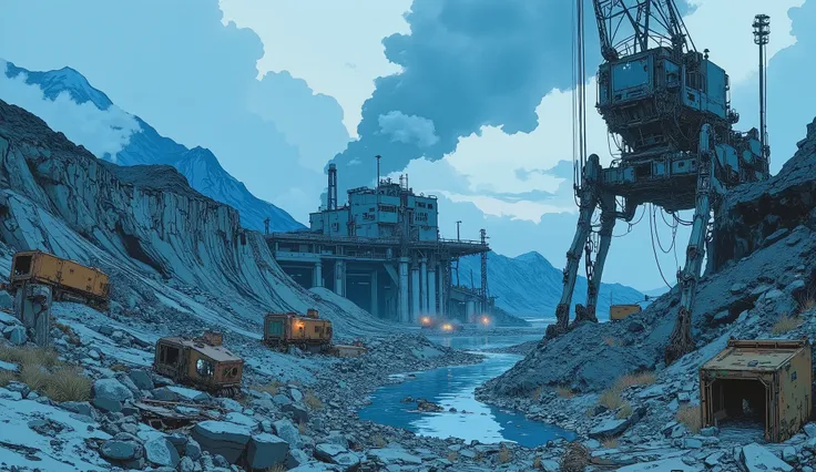 abandoned sci-fi mining site, wide angle view from an elevated diagonal angle, cyberpunk dystopian world, dominant blue color tone, (vast wasteland filled with rubble and stone), no people present, thick fog and drifting smoke rising from cracked mine shaf...