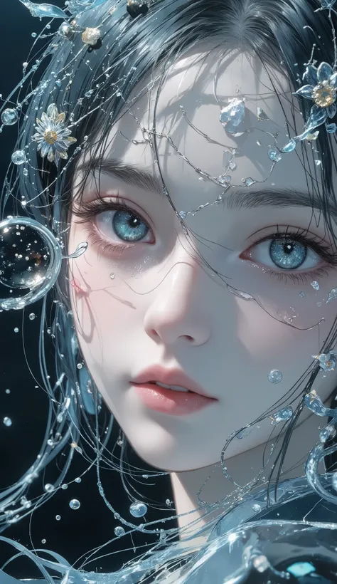 masterpiece, Highest Quality, super res, perfect anatomy, absurd, dreamy、female, detailed face、Fullerene Made of Water Bubbles、Water Drop、Derived from the sea、Fullerene World Derived from the Ocean、Fullerene Decorations、 constellation