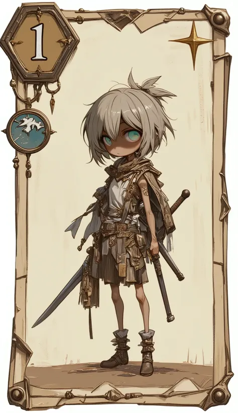 A game card, the weakest character, LV 1 character, a small character card, a shabby sword, shabby equipment, a single star, a plain colored card,