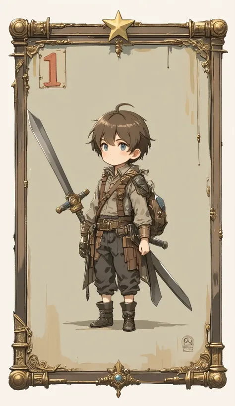 A game card, the weakest character, LV 1 character, a small character card, a shabby sword, shabby equipment, a single star, a plain colored card,