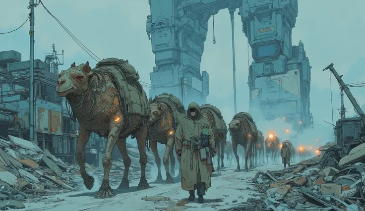 wide angle view from slightly elevated diagonal angle, cyberpunk dystopian world, dominant blue color tone, fog-covered rubble wasteland, (gigantic cyberpunk structures like colossal pillars piercing the sky), moody and desolate background, caravan of trav...