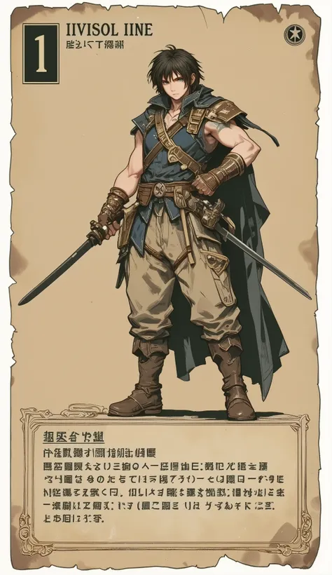 A game card, the weakest character, LV 1 character, a small character card, a shabby sword, shabby equipment, a single star, a plain colored card,