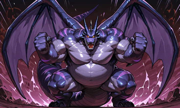 giant demon dragon, solo, black and purple skin, stripe pattern, evil smile, open mouth wide, heavy weight plump fatty, wide pectoral muscles, extremely large body, thick arms, thick thighs, hyper long tail, glossy skin, strong fighting pose, looking at vi...