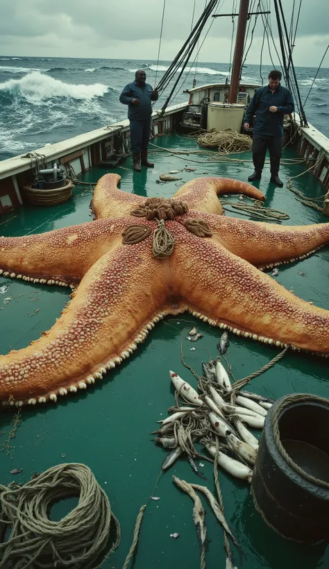 A hyper-realistic scene on the deck of a fishing boat in the middle of the ocean, with rough waves crashing against the hull under dark, overcast skies. The focus is on a massive starfish sprawled across the wet, glistening green deck. Its enormous, five-a...