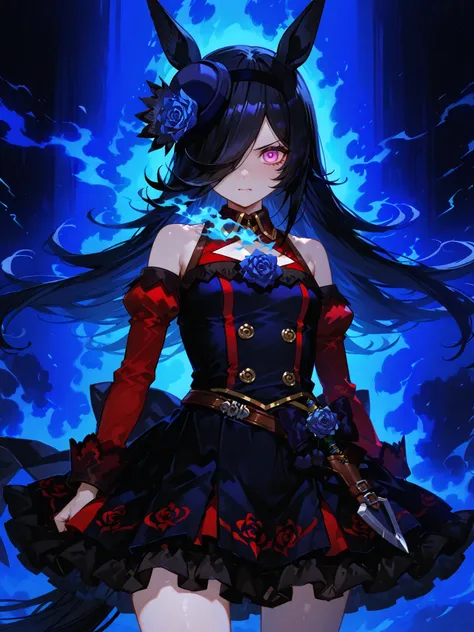 Rice Shower (Uma Musume), left eye surrounded by swirling blazing blue flame effects with crackling sparks and radiant energy, right eye completely covered by long black hair, wearing her race outfit, black frilly dress with blue rose accents, short skirt,...