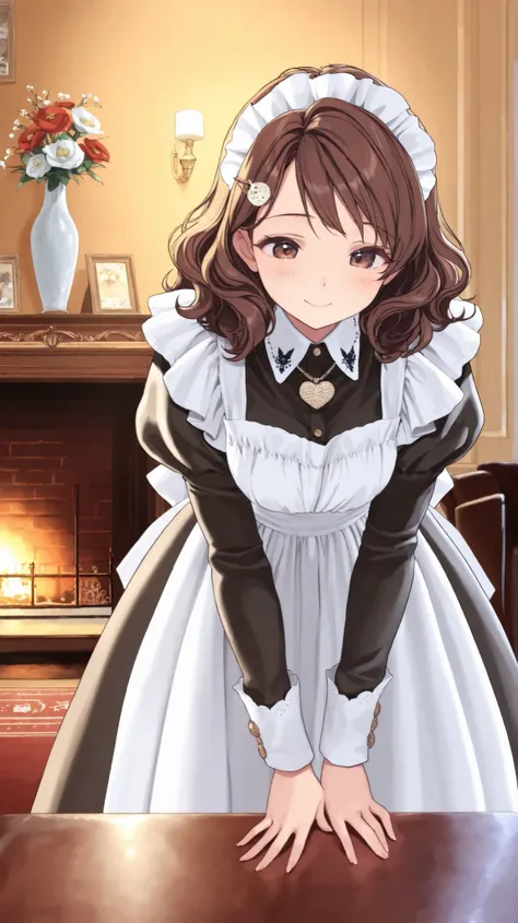 Luxurious and classic living room, fireplace, Vase and flowers on a luxurious western-style table, solo, 1girl, brown hair hair, Medium hair, wavy hair, Cute, Pure,front view, stand, bowing, smile,Maid, hart print hairpin, hart print necklace