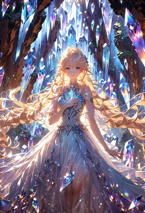 anime-style illustration of a mystical young woman standing in a glowing crystal cave, wearing an elegant fantasy dress with shimmering elements, holding a glowing crystal close to her chest, soft ethereal lighting, magical atmosphere, long flowing hair, d...