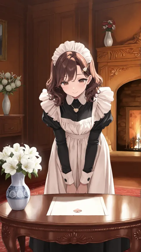 nsfw,Luxurious and classic living room, fireplace, Vase and flowers on a luxurious western-style table, solo, 1girl, brown hair hair, Medium hair, wavy hair, Cute, Pure,front view, stand, bowing, smile,Maid, hart print hairpin, hart print necklace