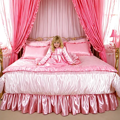 ((A cute girl on the big bed)),((early age girl)),short and tall,detailed baby face,small face, a plump quilted pink silk satin nightgown, long sleeves,frilled sleeves, ,a bed with a mountain of pink silk satin pillows,((pink canopy bed:1.1)),,king size be...