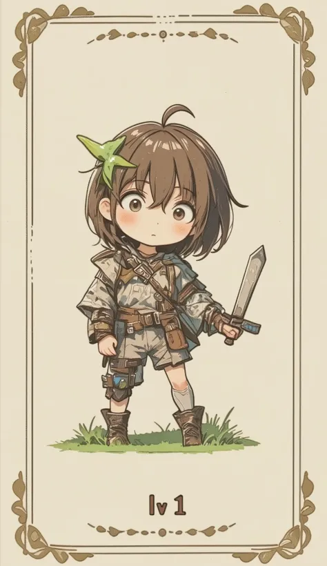 A game card, the weakest character,  a female character, 'LV 1' printed on the game card,a small character card, a shabby sword, shabby equipment, a single star, a plain colored card,
