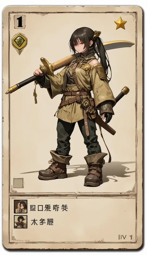 A game card, the weakest character,  a female character, 'LV 1' printed on the game card,a small character card, a shabby sword, shabby equipment, a single star, a plain colored card,