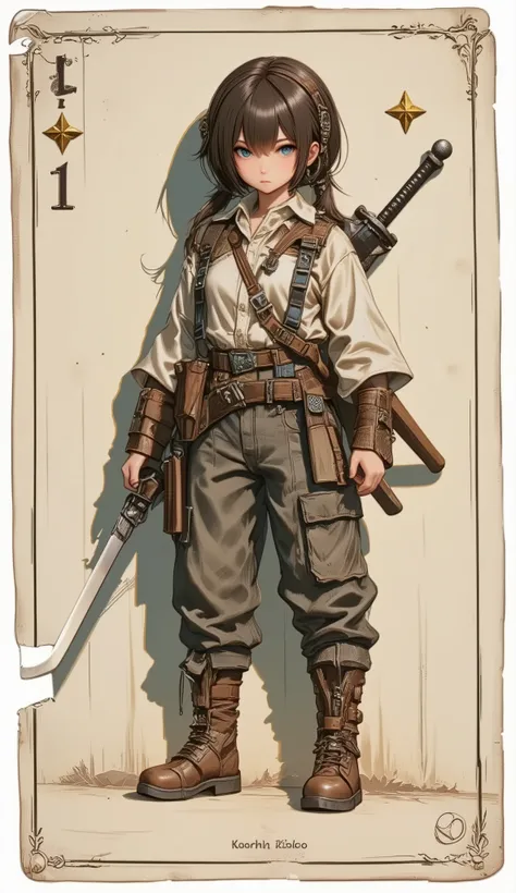 A game card, the weakest character,  a female character, 'LV 1' printed on the game card,a small character card, a shabby sword, shabby equipment, a single star, a plain colored card,