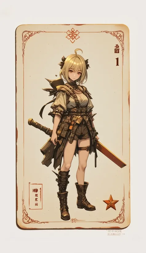 A game card, the weakest character,  a female character, 'LV 1' printed on the game card,a small character card, a shabby sword, shabby equipment, a single star, a plain colored card,
