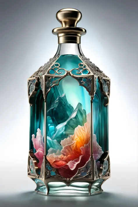 Vadim Kacin and Alberto Seveso 、MARK SIMONETTI、Jeremy Geddes、 by Gediminas Plankeviciu 、 with icebergs in the background、Asahi, Close up of a stunning crystal clear stained glass bottle with an aurora fjord inside。 Intricate and Highly Detailed Photoreal...
