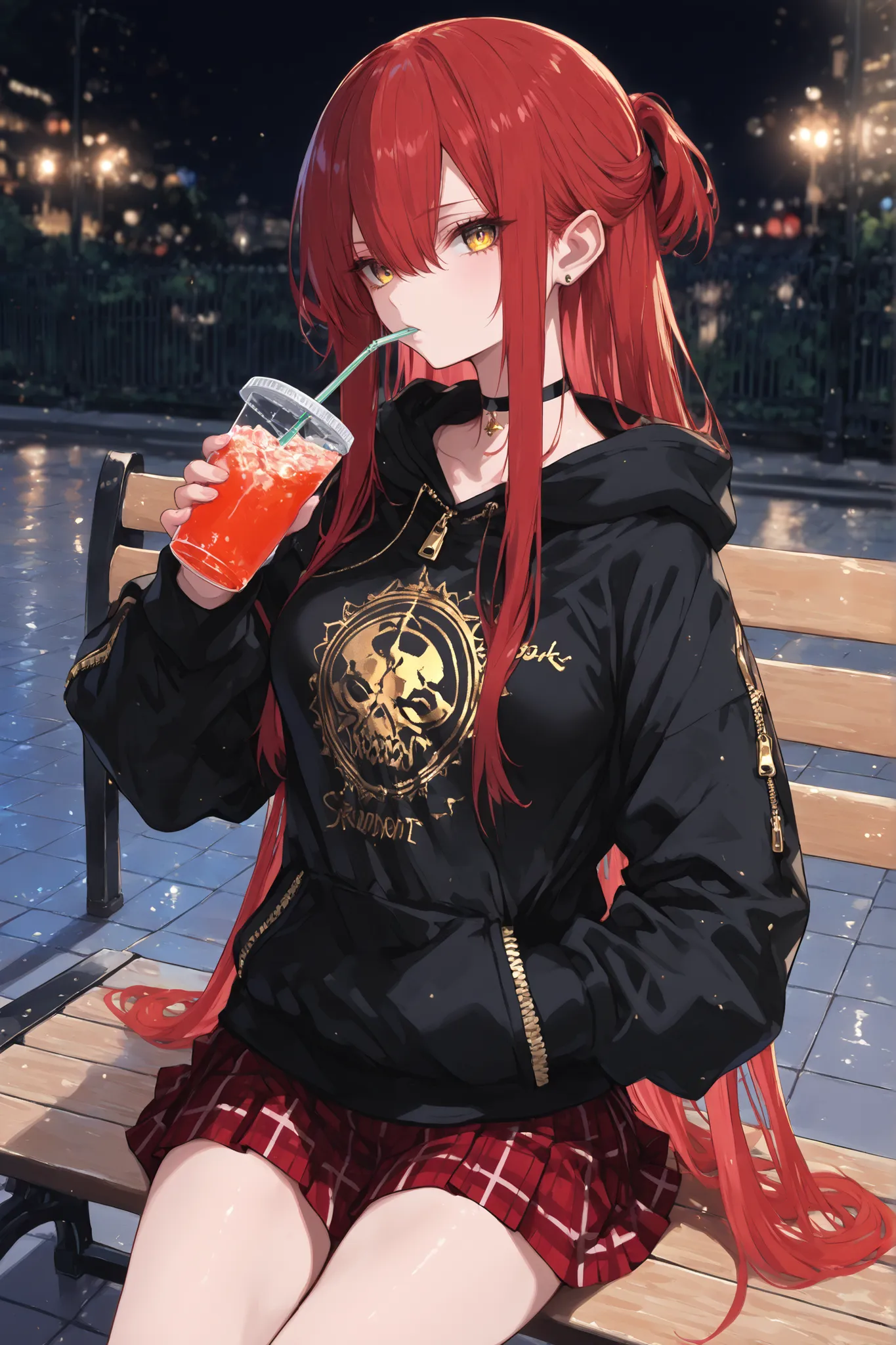 1 girl , golden eyes , very long hair , long sidelocks, red hair ,half updo, petite , very cute , beautiful ,Straight hair, cool, handsome, hair between eyes, sexy, medium breasts ,  drinking, print hoodie, black hoodie, hood down, black choker, zipper, lo...