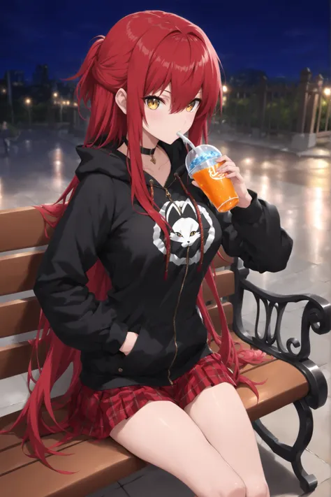 1 girl , golden eyes , very long hair , long sidelocks, red hair ,half updo, petite , very cute , beautiful ,Straight hair, cool, handsome, hair between eyes, sexy, medium breasts , drinking, print hoodie, black hoodie, hood down, black choker, zipper, lo...
