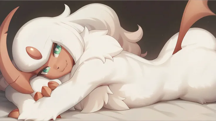 (high quality, high resolution, obra prima), Pokemon \(criatura\), absol shiny///, macho, Light red tail, pearl of the forehead light red, White body hair, light green eyes, light red facial skin, light red claws, white pupils, Light red horns, pelo branc...