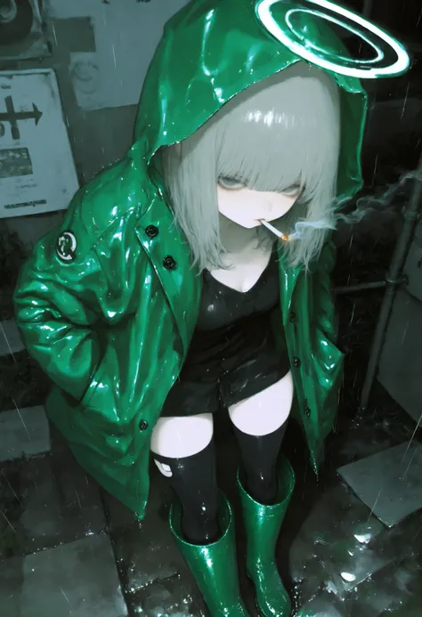 1girl, solo, cigarette, rain, hood, halo, thighhighs, boots, hands in pockets, raincoat, rubber boots, jacket, green jacket, black thighhighs, smoking, mouth hold, hooded jacket, bangs, green footwear, standing, black shirt, shirt, medium hair, outdoors, l...